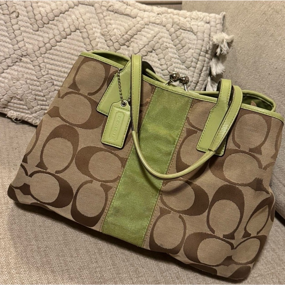 SOLD Coach Brown Signature Tote with Lime Green Trim
